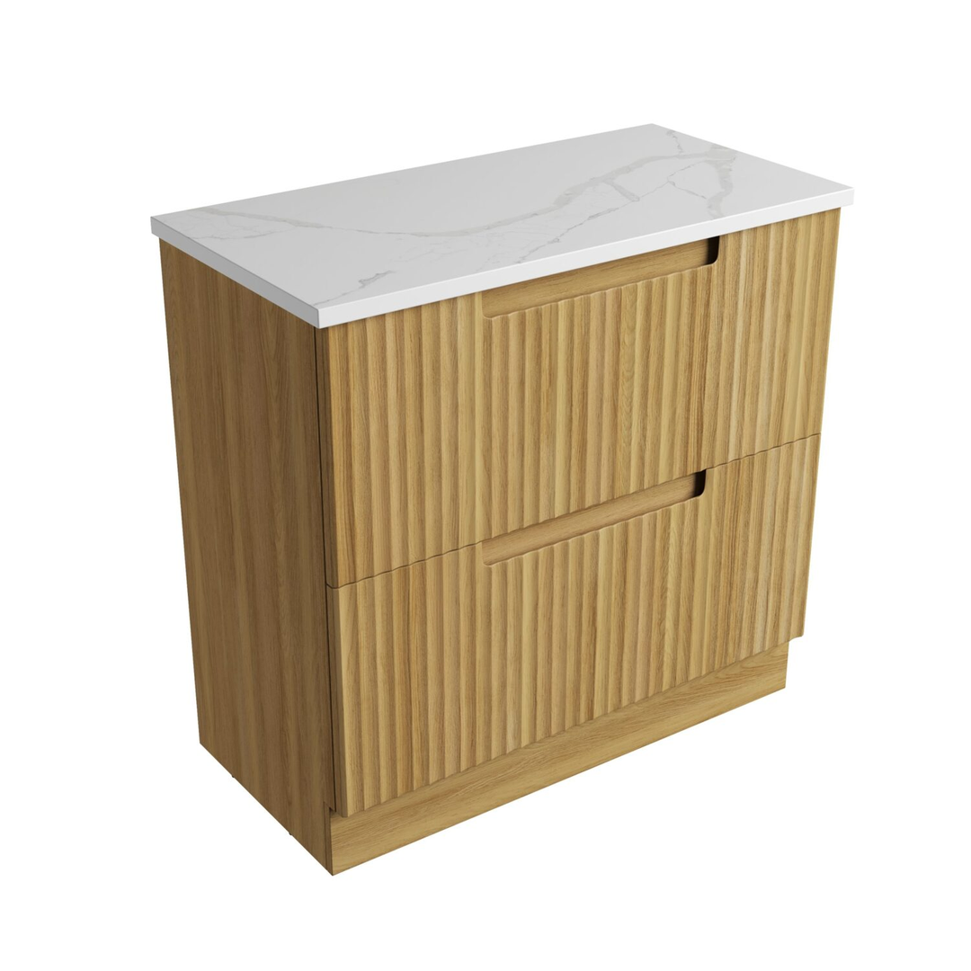 Aulic Lovina Floor Standing Harvest Oak Fluted Cabinet 900X460X425mm With Palis White Flat Stone Top