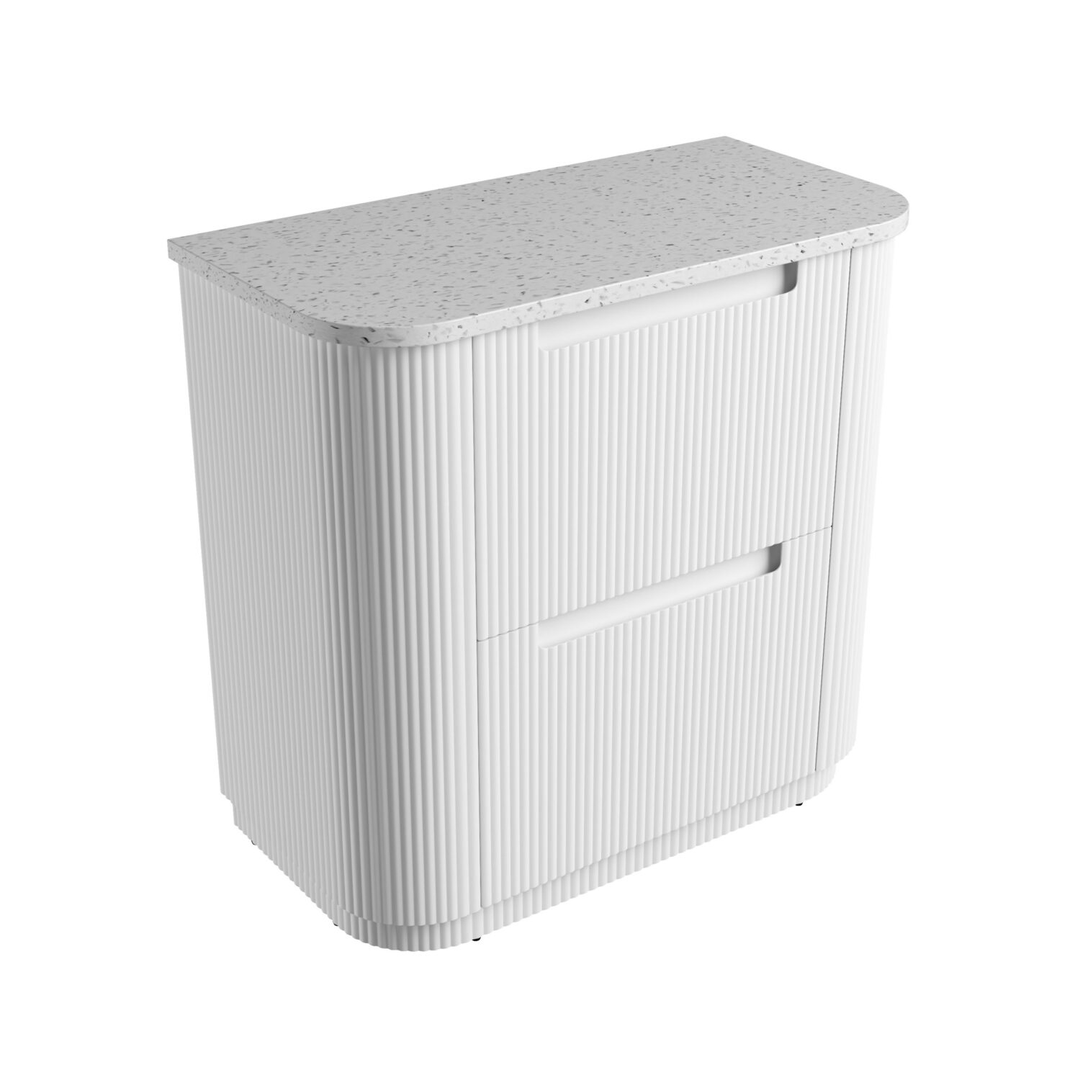 Aulic Curva Floor Standing Matt White Fluted Curved Cabinet 900X460X880mm With Snow Flat Stone Top
