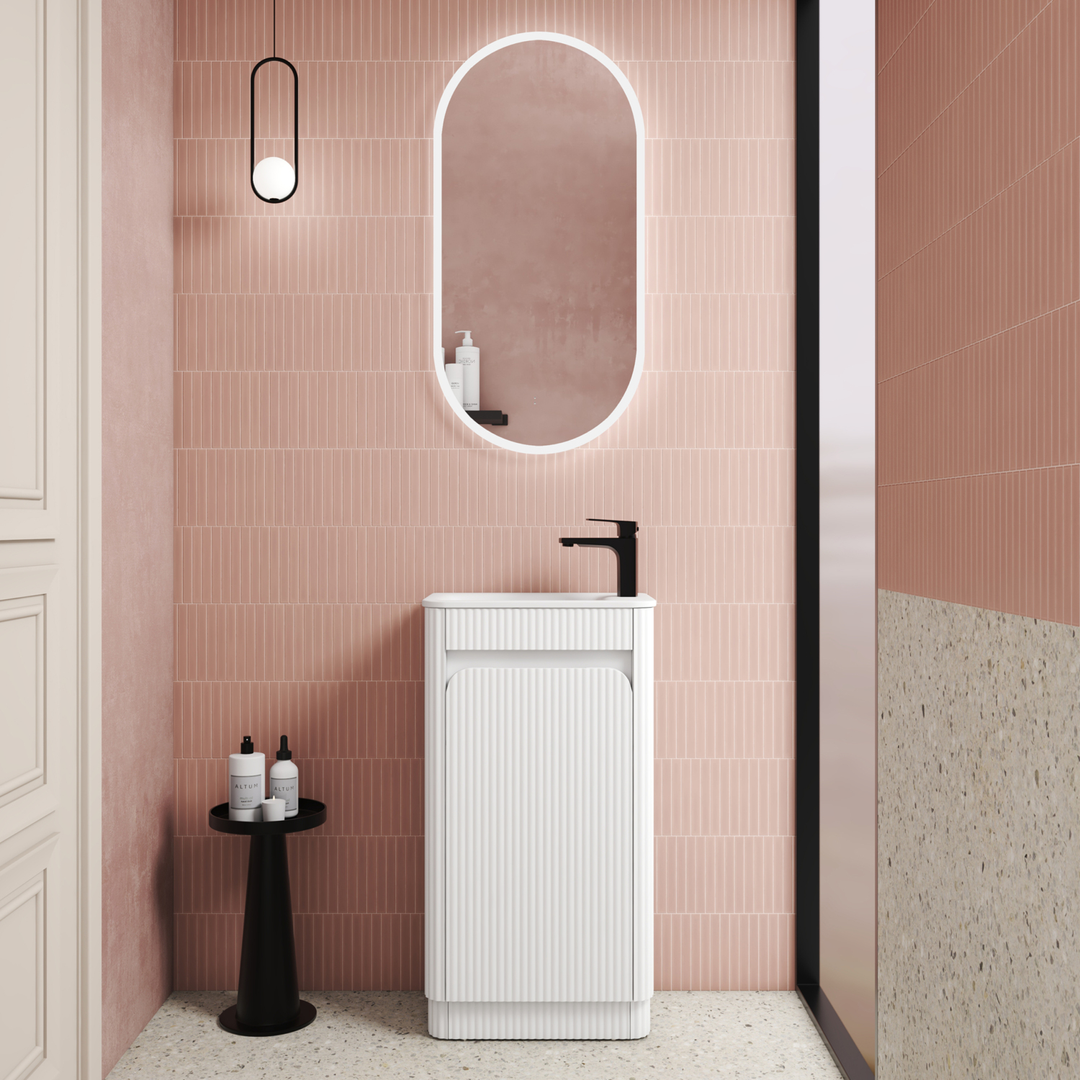Aulic Mini Hartelle Fluted Floor Standing 470Mm Matte White Cabinet