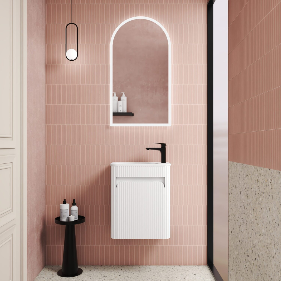 Aulic Mini Hartelle Fluted Wall 470 Matte White Cabinet C/W Curved Top C/W Right Side Tap Hole
