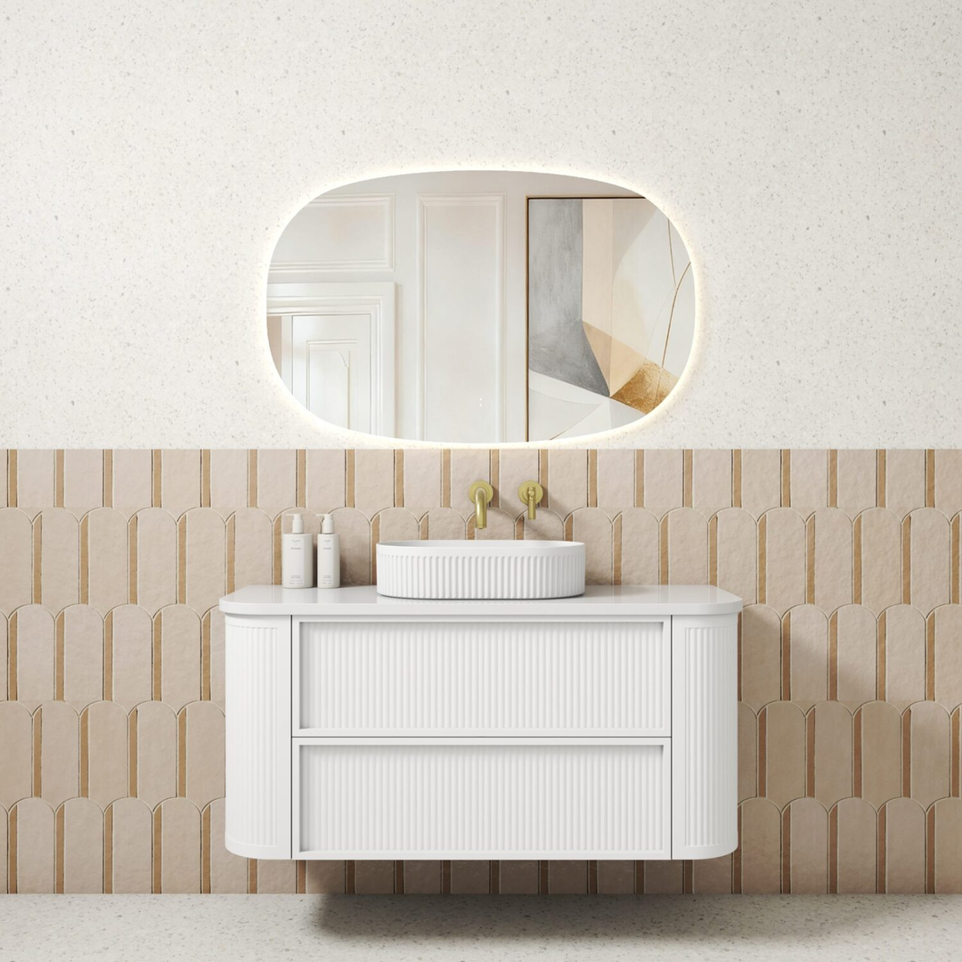 Aulic Ramee Fluted Wall Hung 1200Mm Matte White Cabinet With Alpine Flat Stone