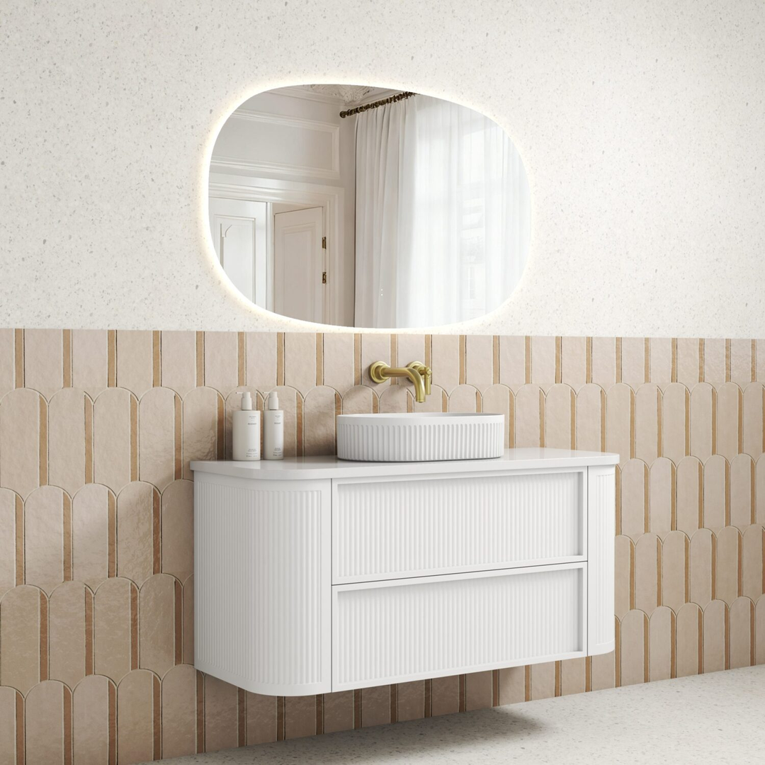 Aulic Ramee Fluted Wall Hung 1200Mm Matte White Cabinet With Alpine Flat Stone