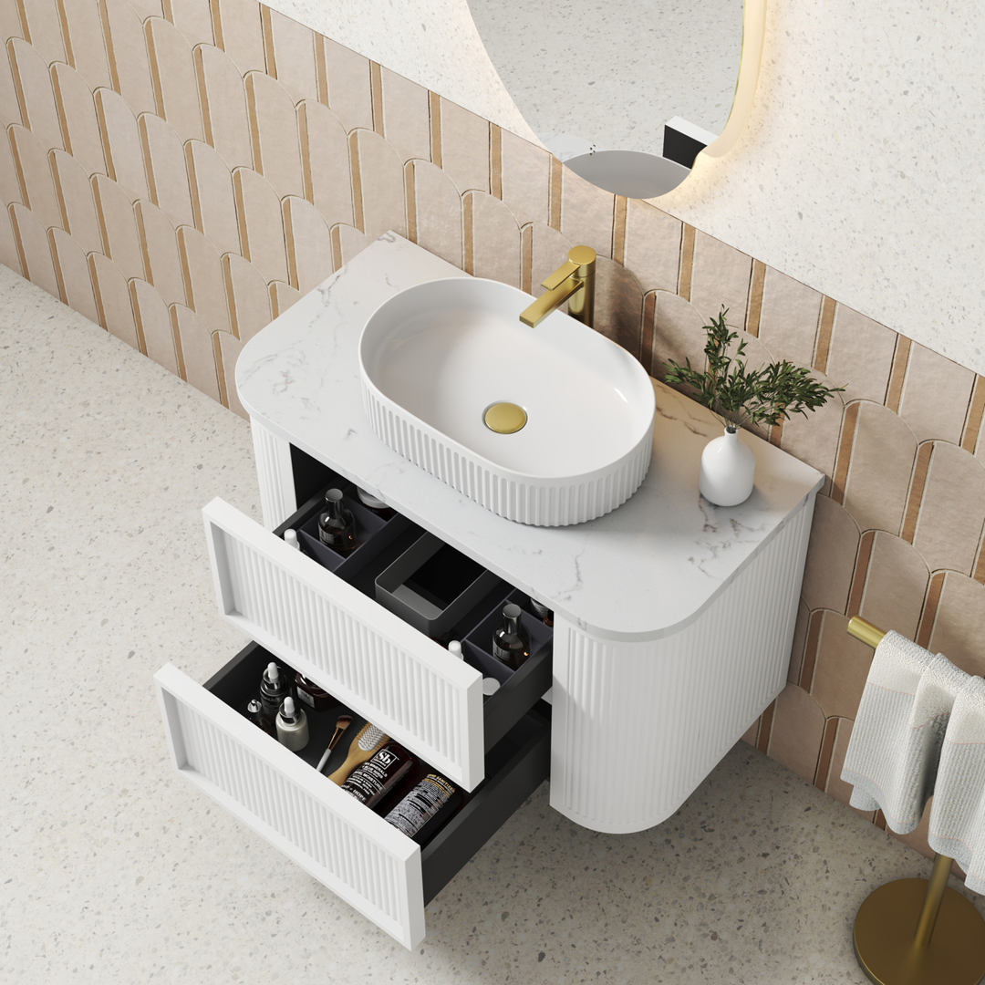Aulic Ramee Fluted Wall Hung 1200Mm Matte White Cabinet With Alpine Flat Stone