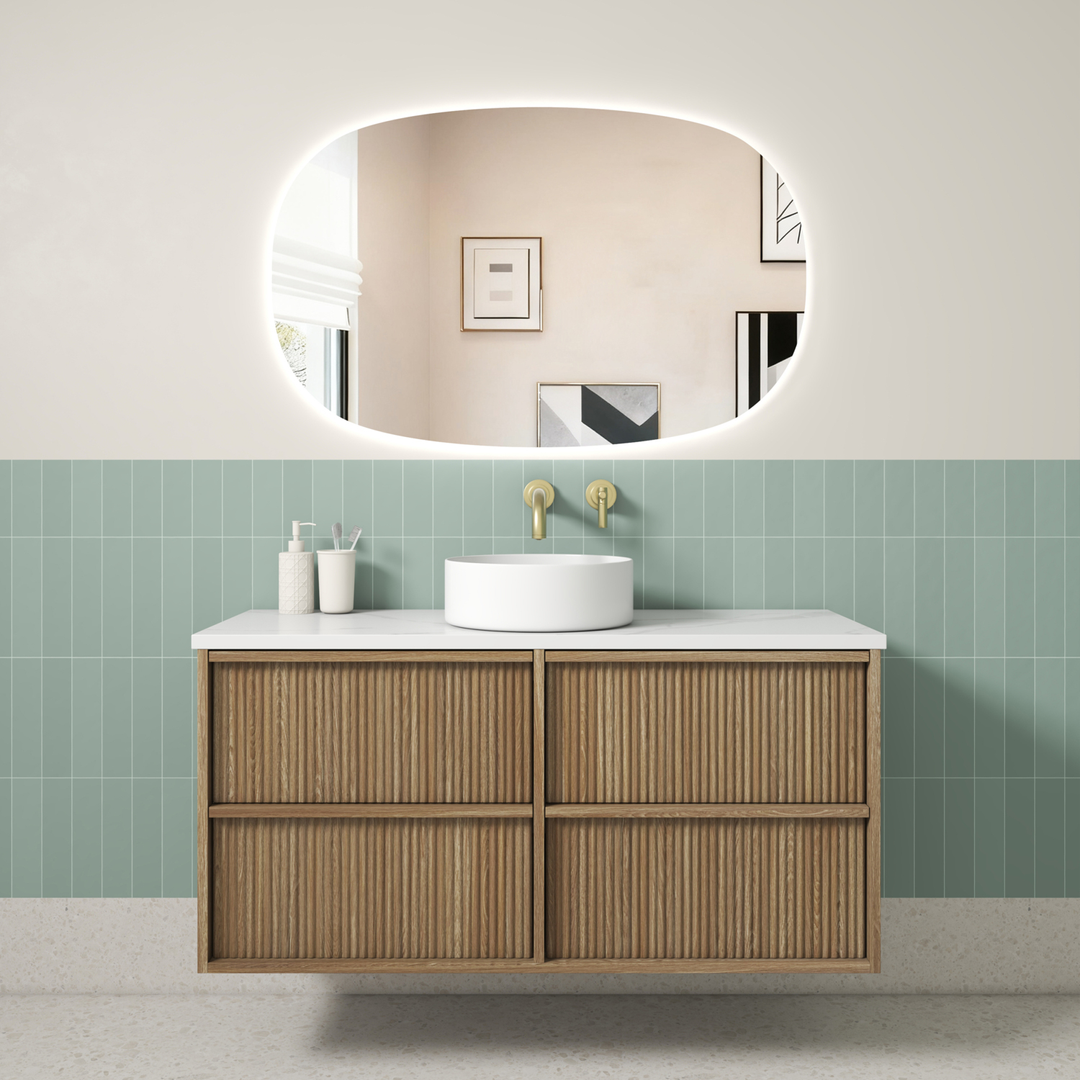 Aulic Venetta Fluted Framed W/H 1200Mm Harvest Oak Cabinet 1200 With Alpine Flat Stone