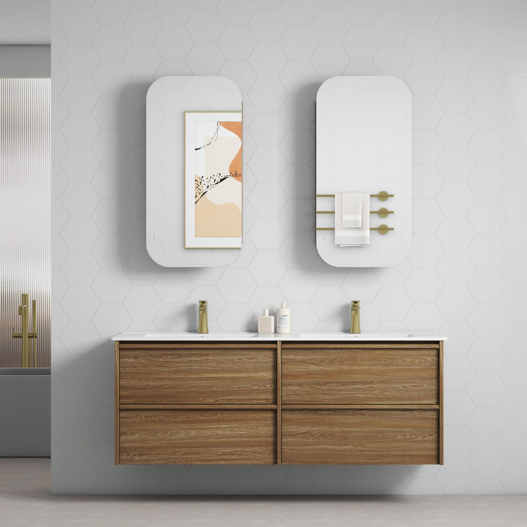 Aulic Venetta Framed Harvest Oak Wall Hung 1500Mm Cabinet 1500 With Cato Flat Stone Top