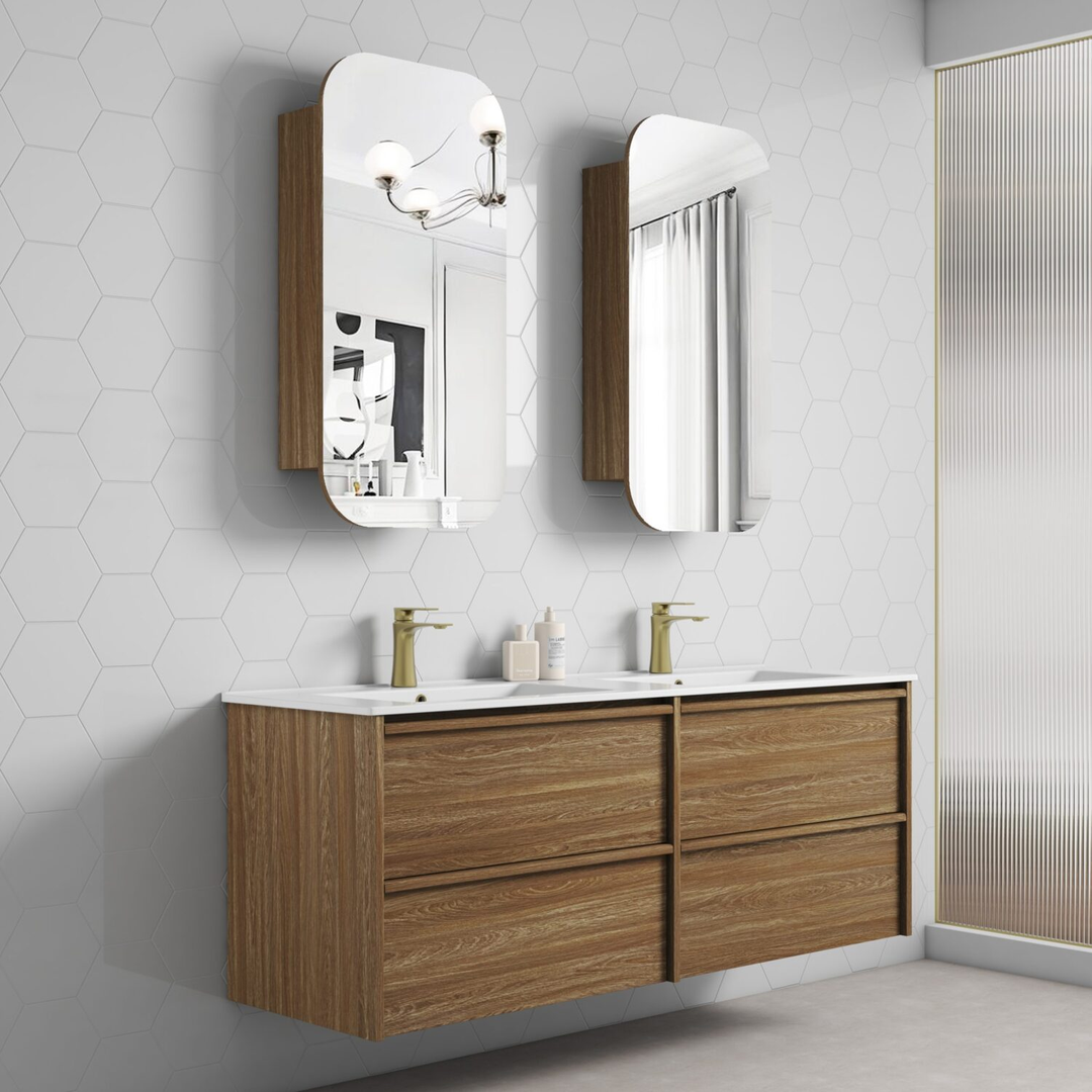 Aulic Venetta Framed Harvest Oak Wall Hung 1500Mm Cabinet 1500 With Cato Flat Stone Top