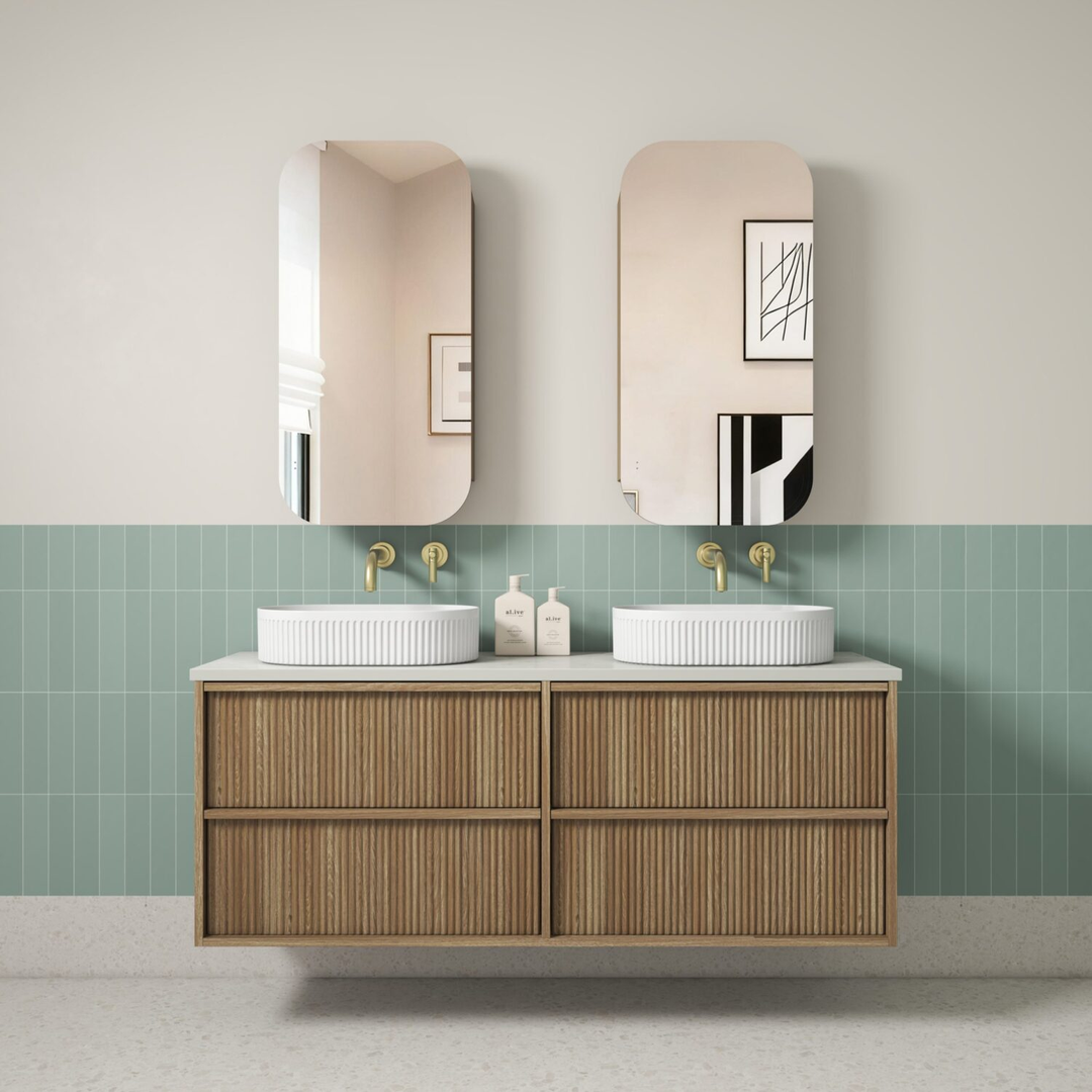 Aulic Venetta Fluted Framed Wall Hung 1500Mm Harvest Oak Cabinet With Pure Flat Stone Top