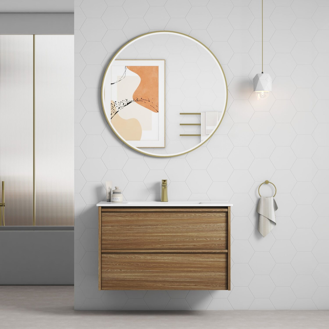 Aulic Venetta Framed Harvest Oak Wall Hung 900Mm Cabinet 900 With Crystal Ceramic Top