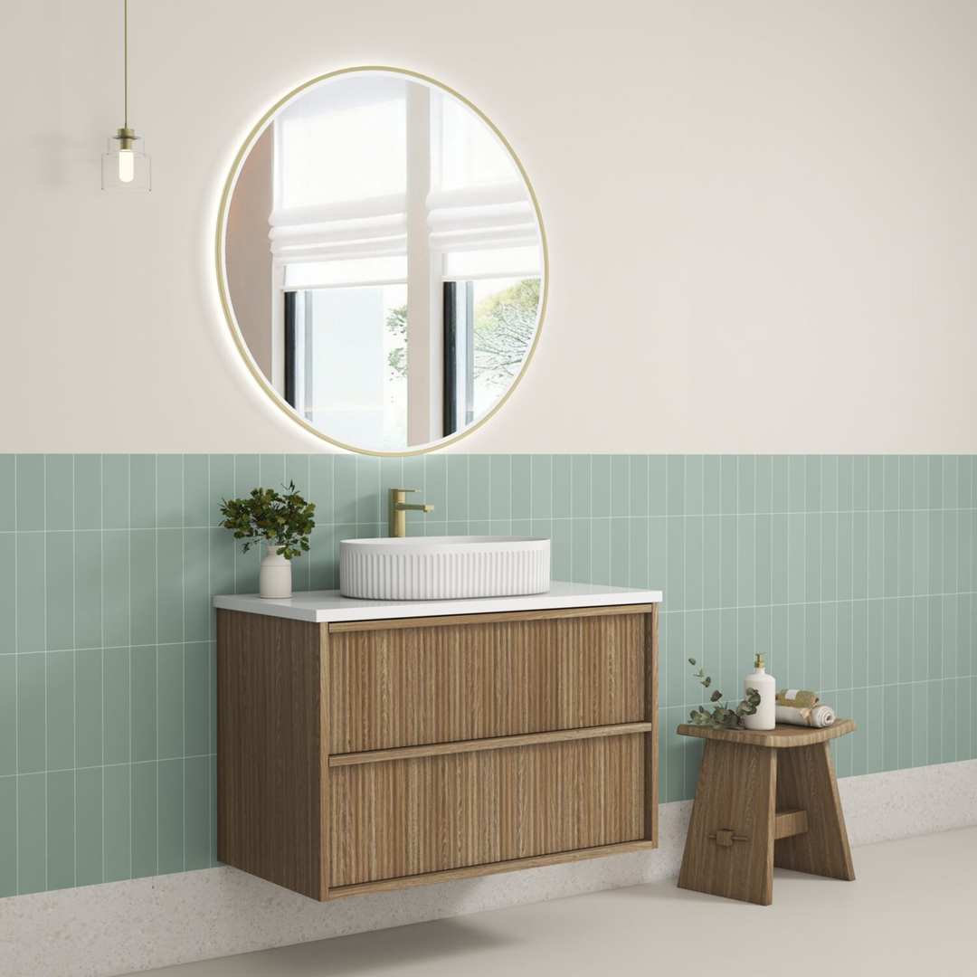 Aulic Venetta Fluted Framed Wall Hung 900Mm Harvest Oak Cabinet 880X458X560Mm