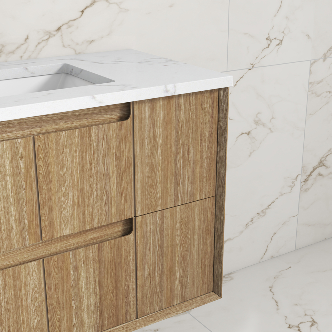 Aulic Voulari Framed Wall Hung 600 Harvest Oak Cabinet 600 With Alpine Undermount Basin