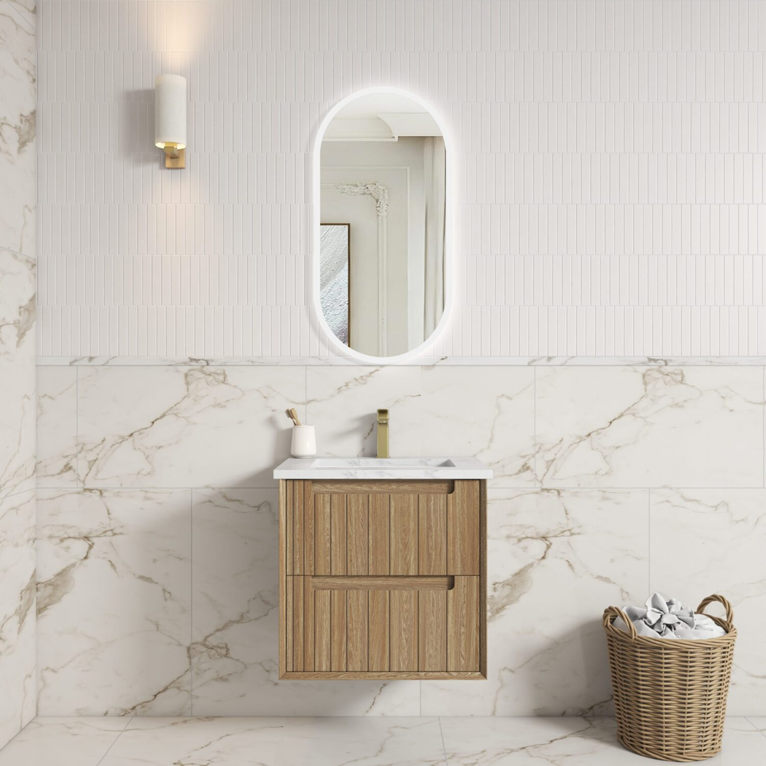 Aulic Voulari Framed Wall Hung 600 Harvest Oak Cabinet 600 With Alpine Undermount Basin