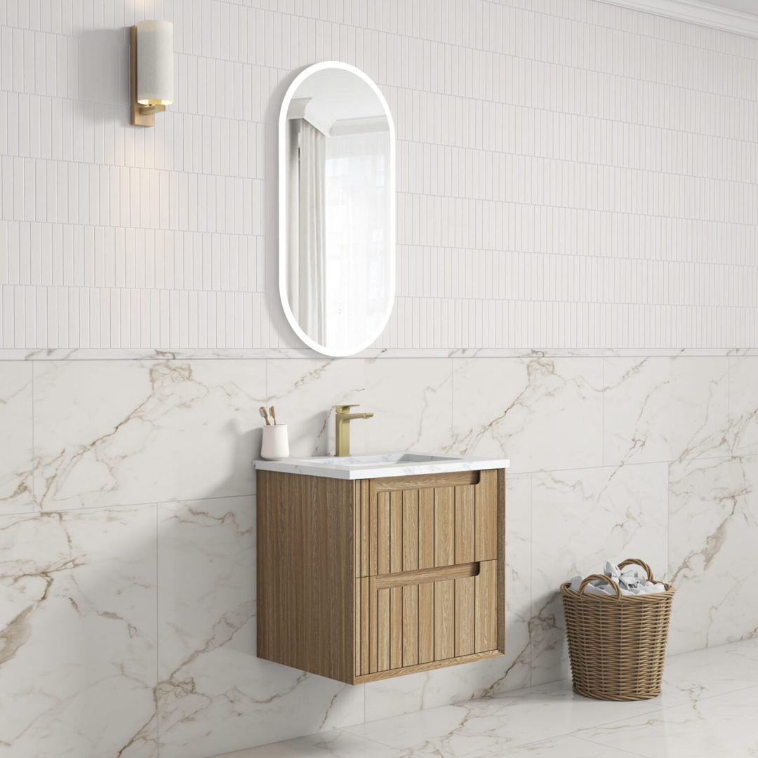 Aulic Voulari Framed Wall Hung 600 Harvest Oak Cabinet 600 With Alpine Undermount Basin