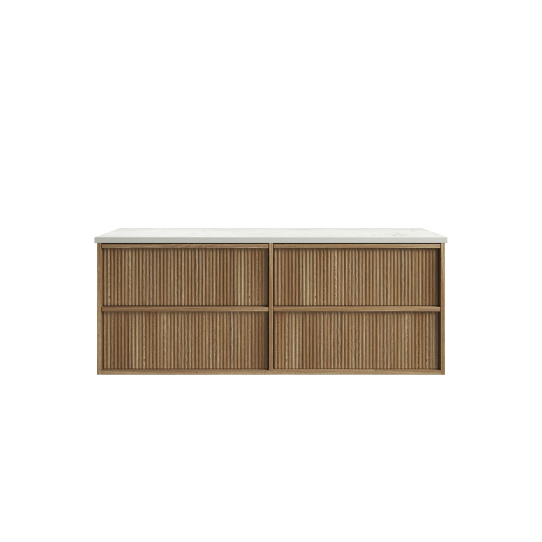 Aulic Venetta Fluted Framed Wall Hung 1500Mm Harvest Oak Cabinet With Pure Flat Stone Top