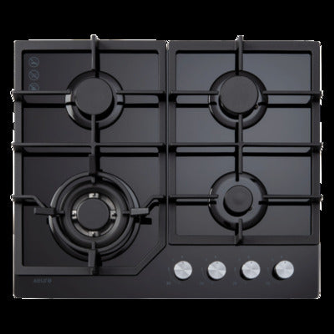Euro 60Cm 4 Burner Gas Cooktop + Wok Cast Iron Trivets Glass Hob Black