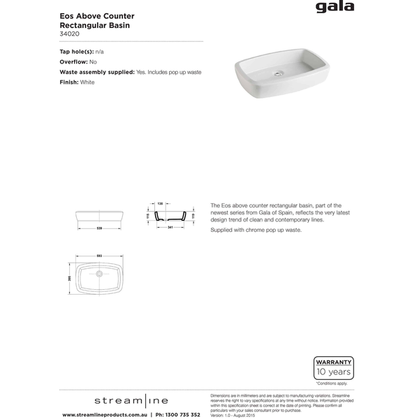 Gala Eos Above Counter Rectangle Basin C/W Popup Waste Nth W