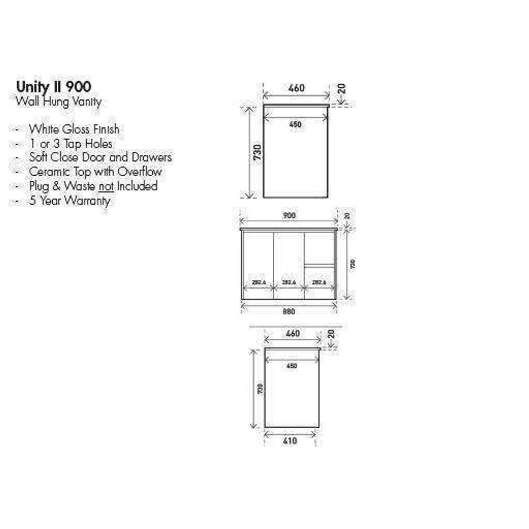 Aspire Unity II 900 Wall Hung Vanity 1 Tap Hole C/Q Sq Ceramic Top White