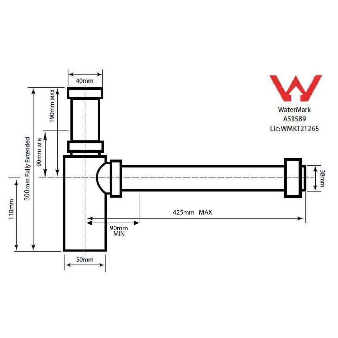 Turner Hastings Aurora Adjustable Brass 40mm Bottle P Trap-Matte Black