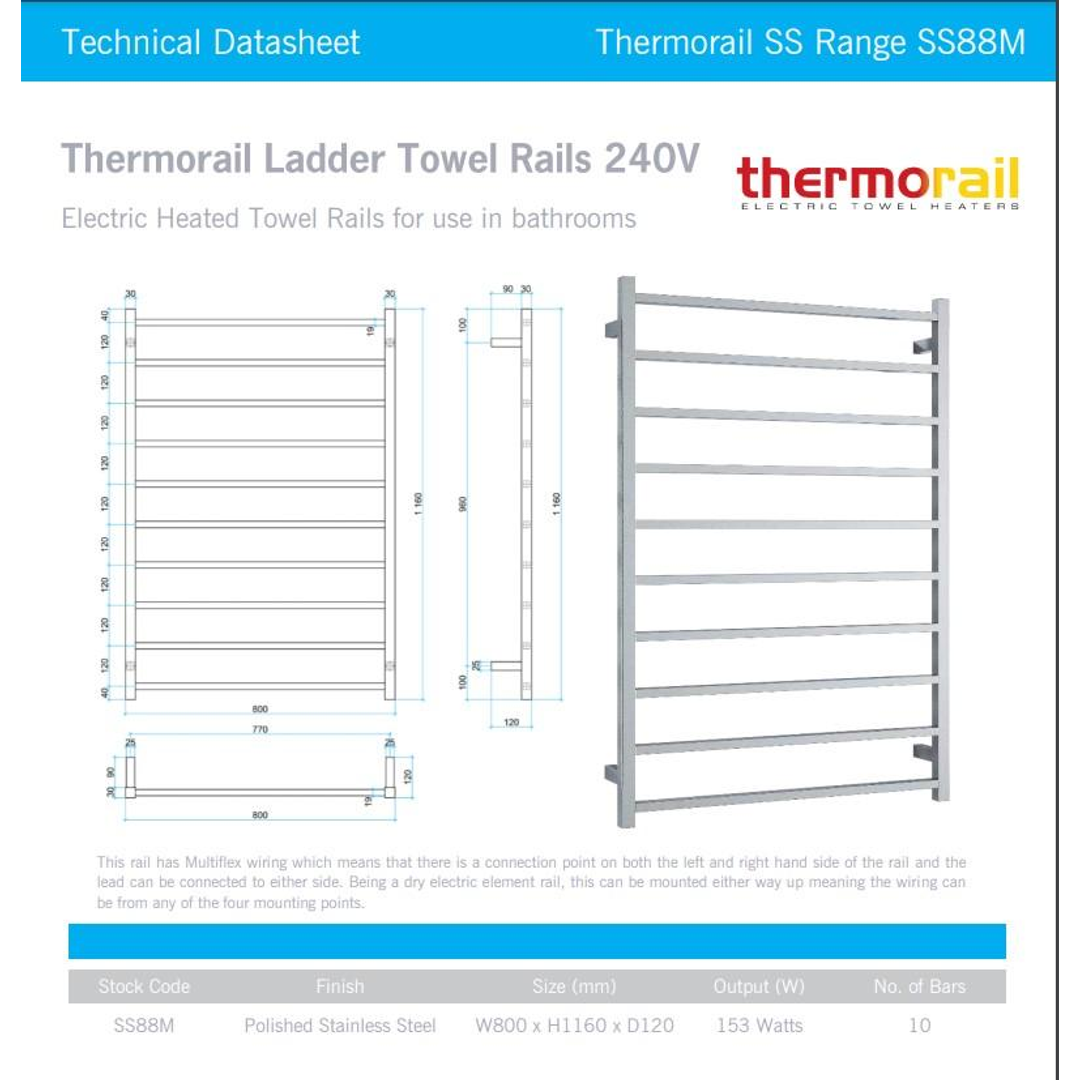 Thermorail Straight/Square 800x1160x120mm 153Watts 10 Bars
