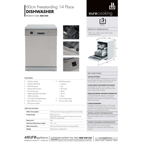 Euro 6 Cycle Dishwasher 14 Place Setting Half Load Delay Start