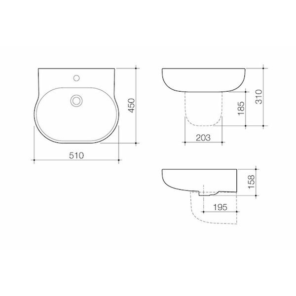 Caroma Opal 510 Wall Basin White 3 Tap Hole