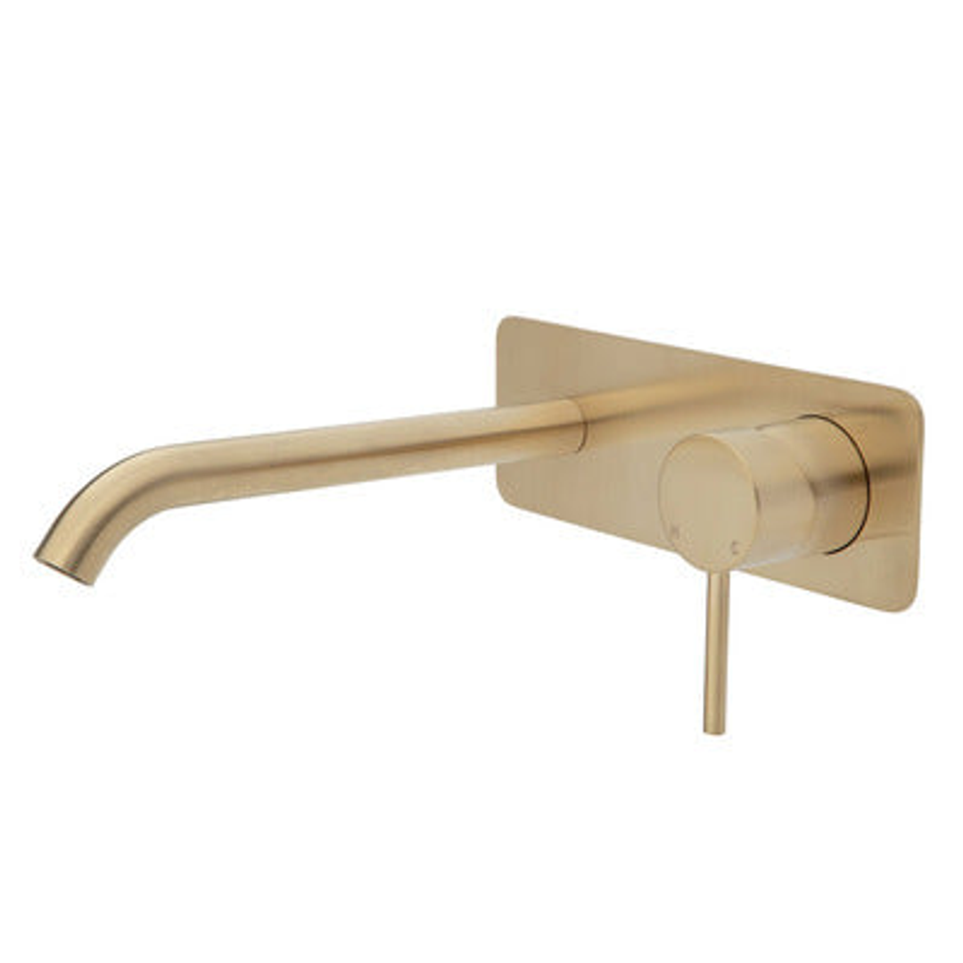 Fienza Kaya Basin/Bath Wall Mixer Set Soft Square Plates 200mm Outlet - Urban Brass/Urban Brass