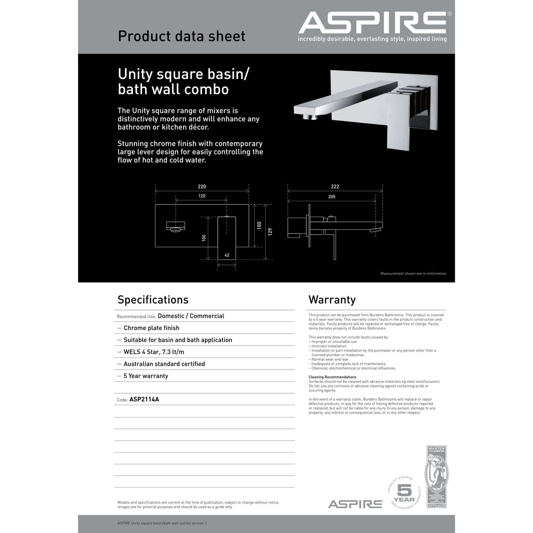 Aspire Unity *Sq* Basin/Bath Wall Mixer Combo 170mm Spout