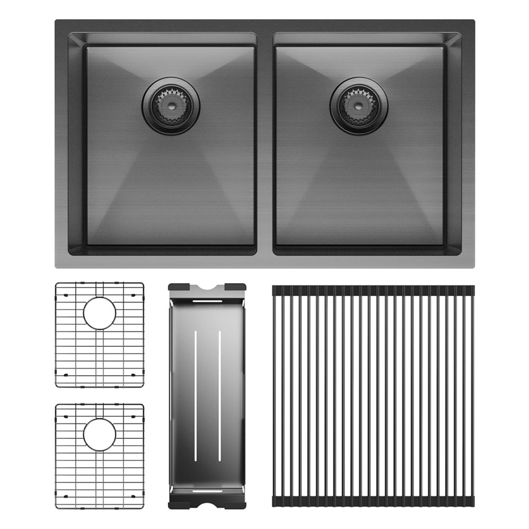 Fienza Hana Double Bowl Sink 55L Inc Cm Colander Roller Protector 2 760X450X200mm