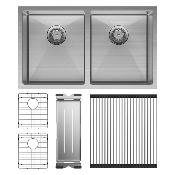 Fienza Hana Double Bowl Sink 55L Inc Ss Colander Roller Protector 2 760X450X200mm