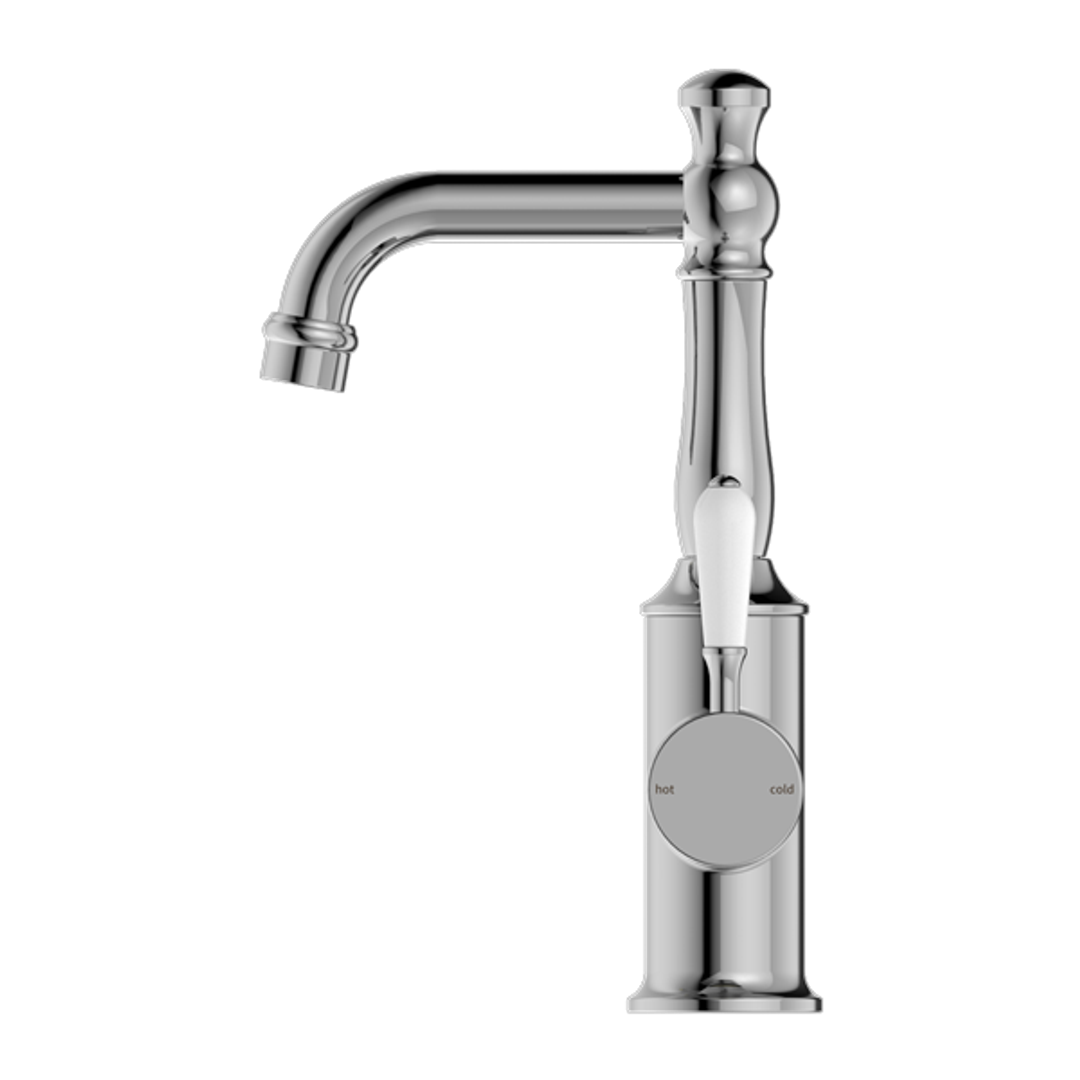 Nero York Basin Mixer With White Porcelain Handle Chrome