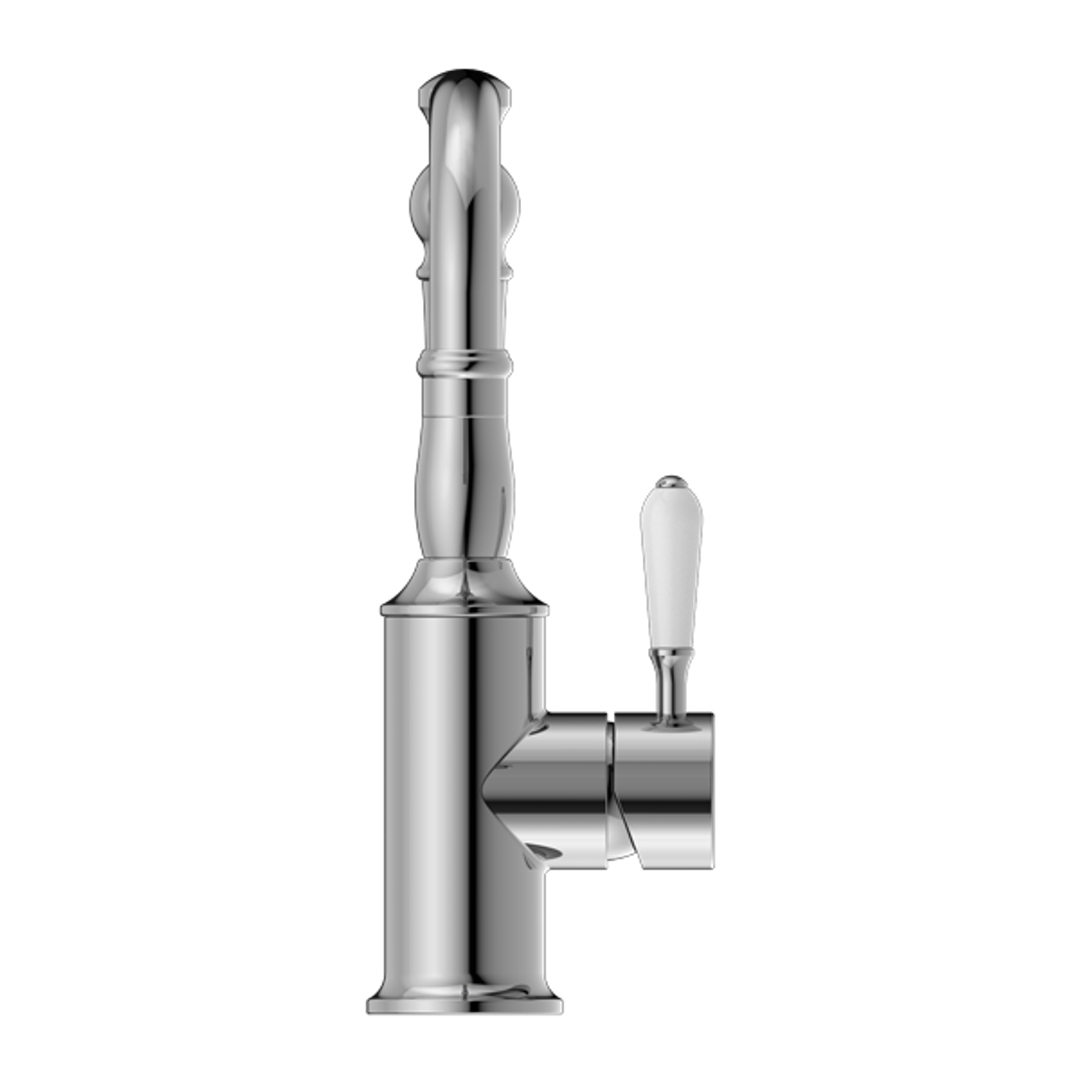 Nero York Basin Mixer White Porcelain Lever Hook Spout Chrome