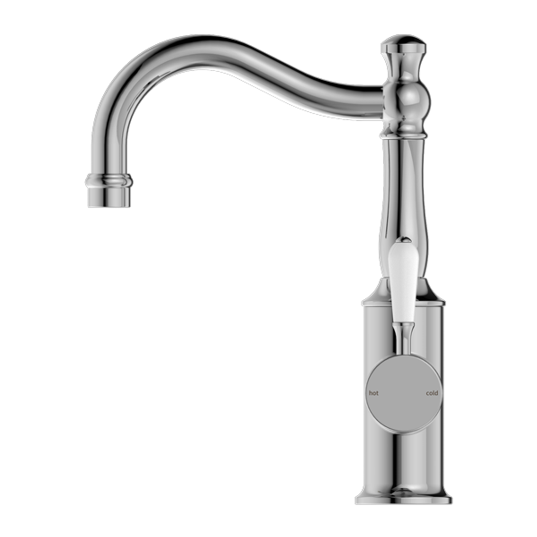 Nero York Basin Mixer White Porcelain Lever Hook Spout Chrome