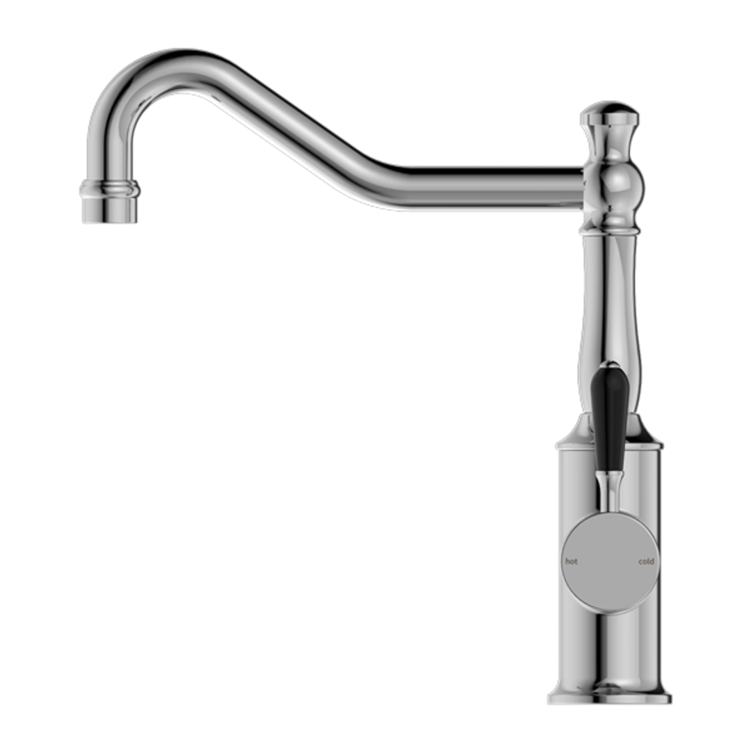 Nero York Kitchen Mixer Hook Spout With Black Porcelain Lever Chrome