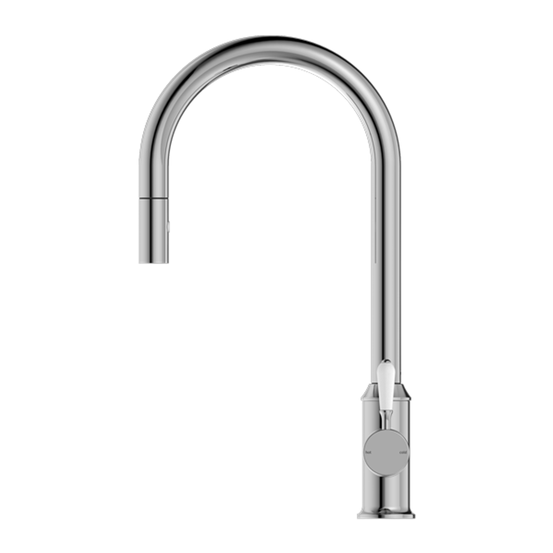 Nero York Pull Out Sink Mixer With Vegie Spray Function With White Porcelain Lever- Chrome