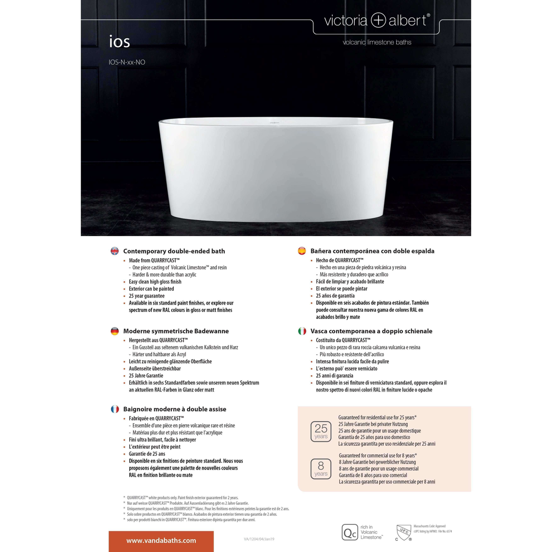 V+A Ios Freestanding Sit Bath No Overflow Quarrycast White 1511mm