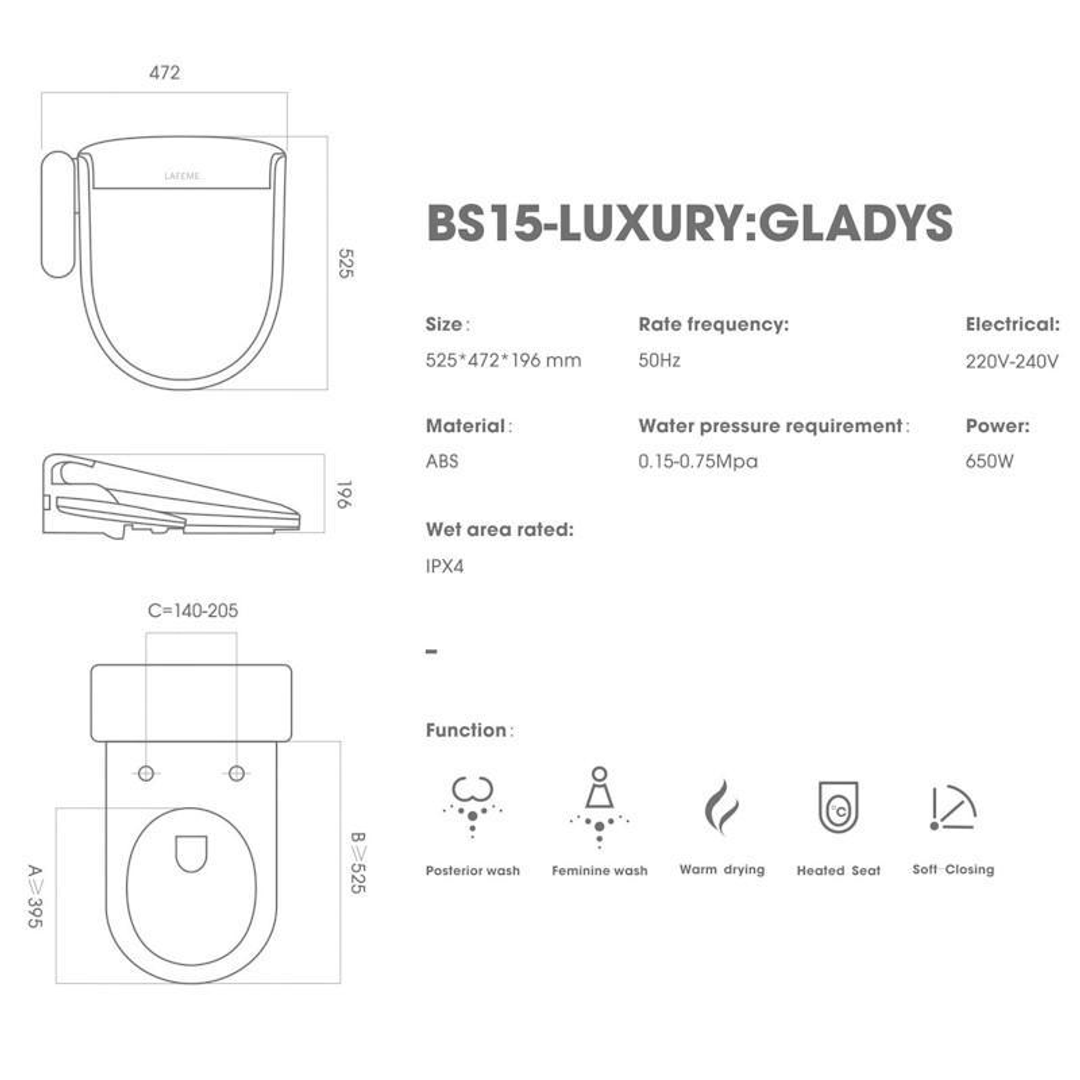 Lafeme Gladys Toilet Bidet Seat 525X472X196mm