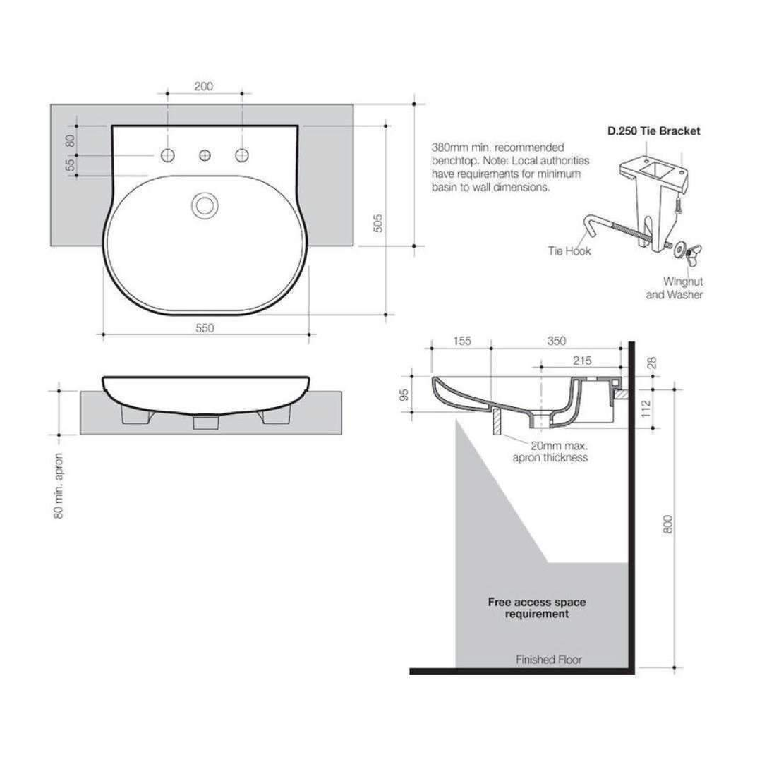 Caroma Opal Sole Semi Recessed Basin White 1 Tap Hole