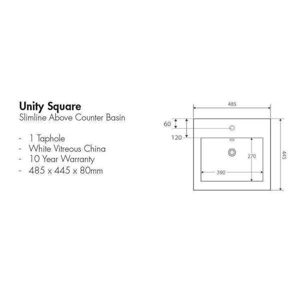 Aspire Unity Square Slimline Above Counter Basin 1 Tap Hole 7078