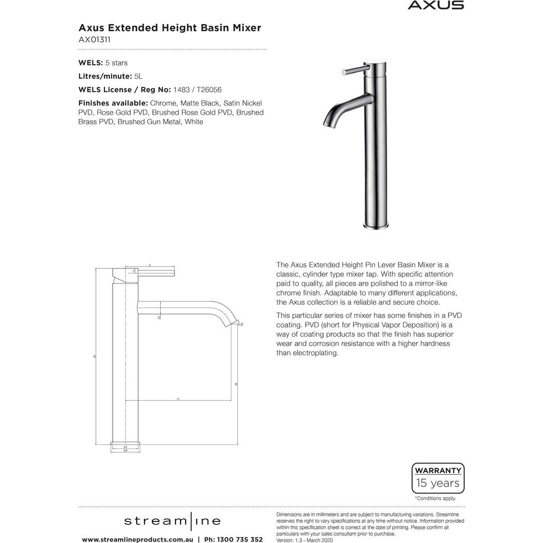 Arcisan Axus Pin Lever Extended Height Basin Mixer M/Blk