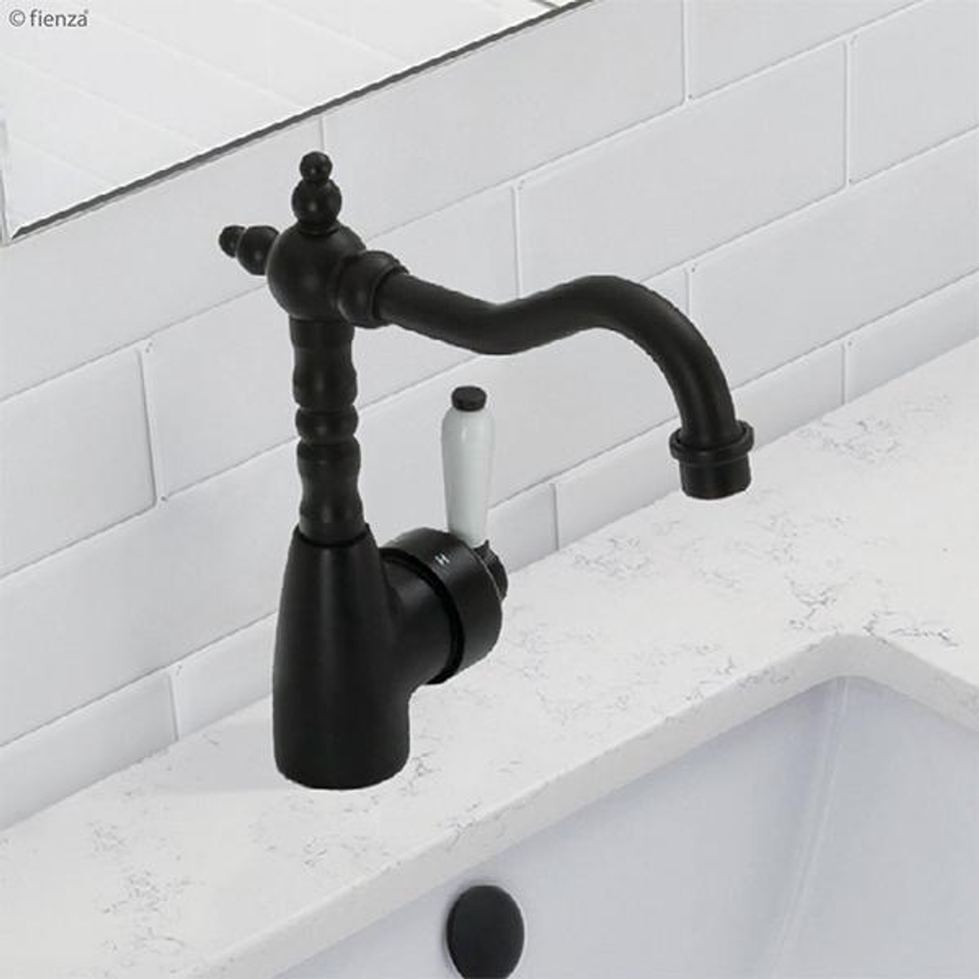 Fienza Eleanor Shepherds Crook Basin Mixer - Matte Black/Ceramic