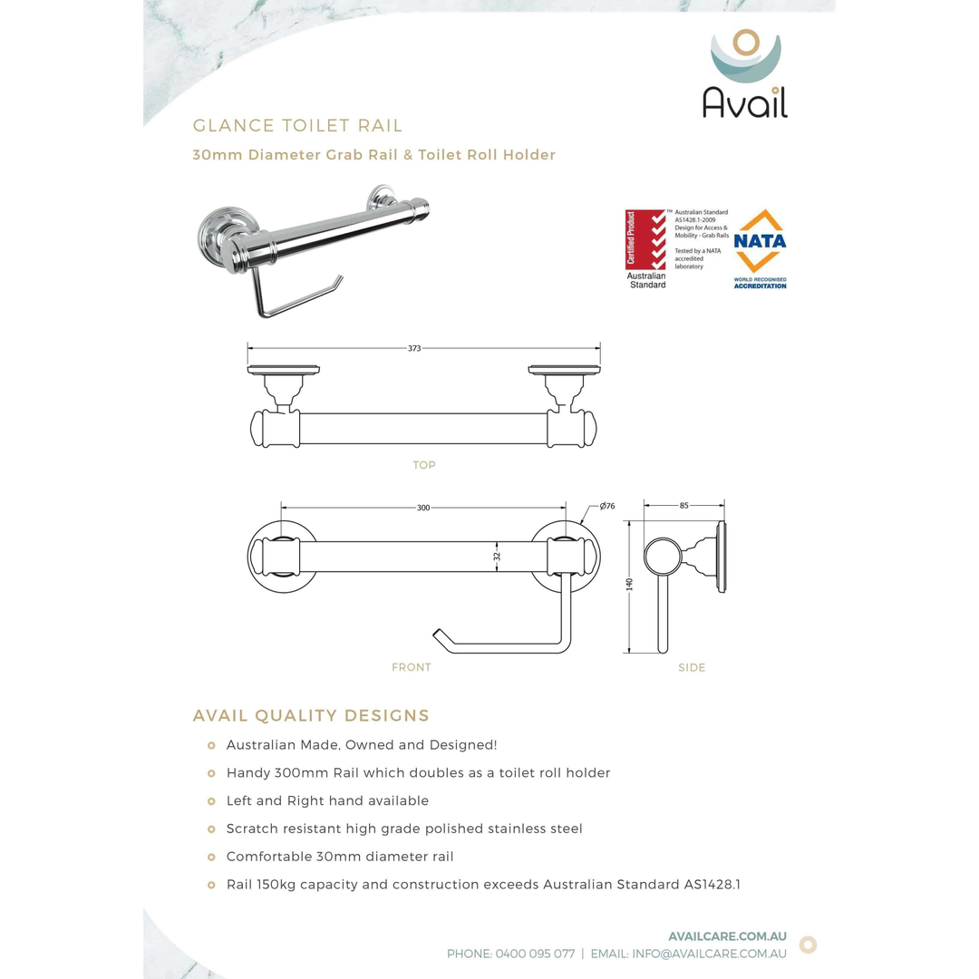 Availcare Glance Toilet Roll Holder And 300mm Rail Chrome
