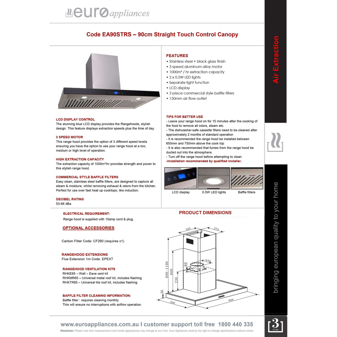 Euro 90Cm Straight Canopy Rangehood Touch Ea90Strs