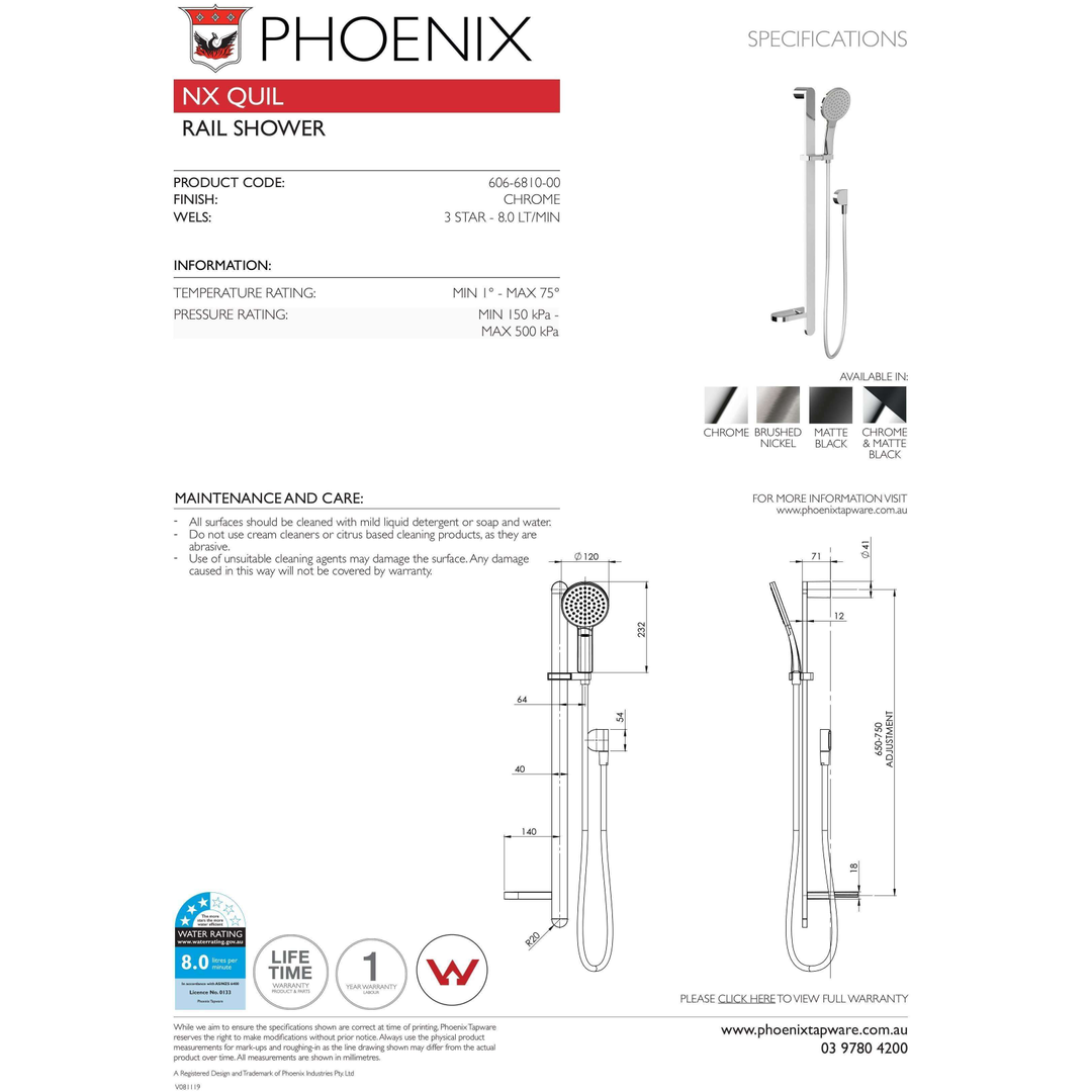 Phoenix Nx Quil Rail Shower Chrome 606-6810-00