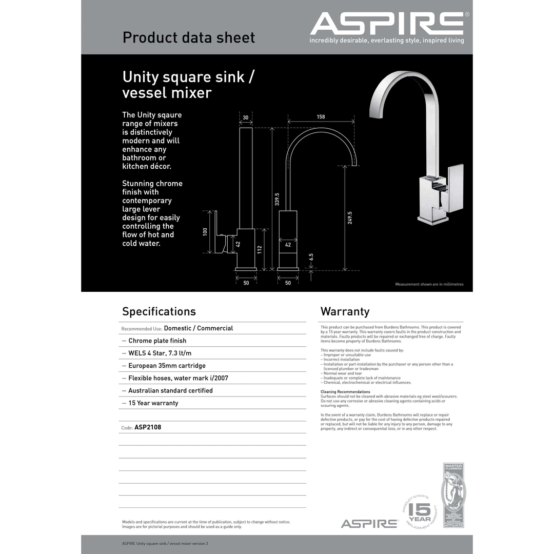 Aspire Unity **Square** Sink/Vessel Mixer Chrome