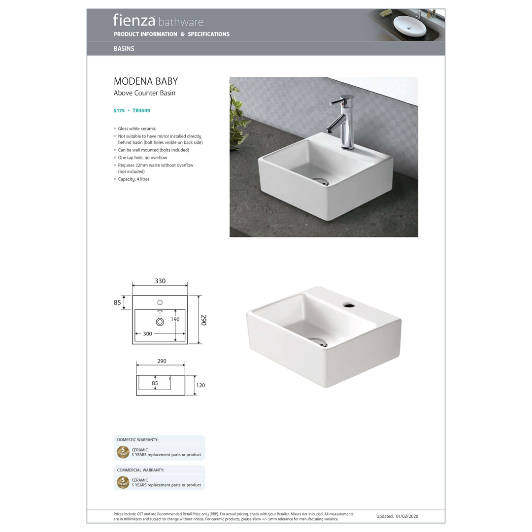 Fienza Baby Modena Above Counter Basin Wall Hung Tr4549