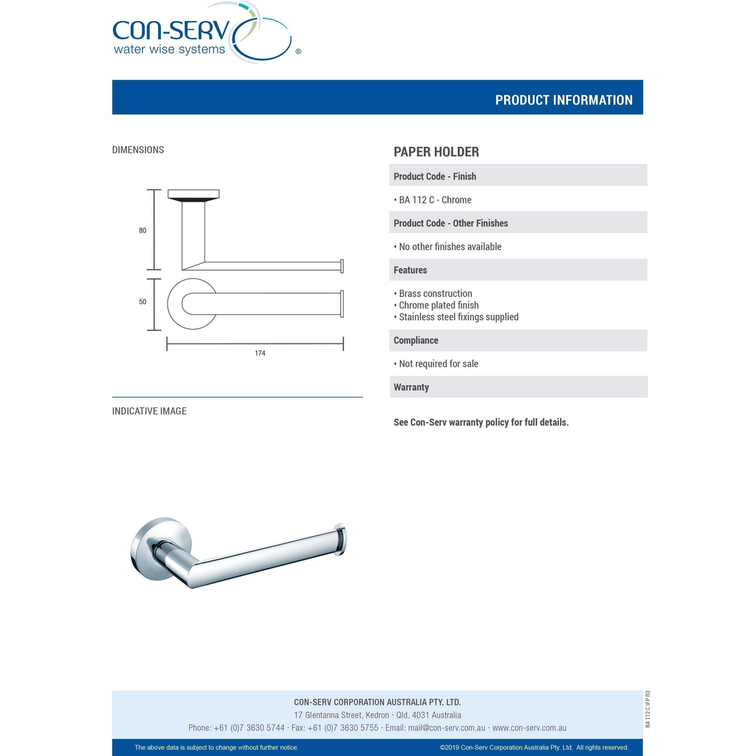 Con-Serv 100 Series Toilet Roll Holder Chrome Ba112C