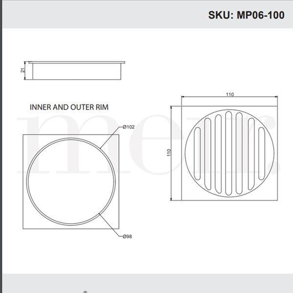 Meir Square Floor Grate Shower Drain 100Mm Outlet Matte Black