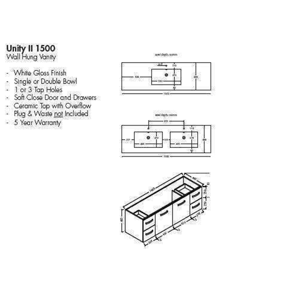 Aspire Unity II 1500 S/Bowl Vanity W/Hung China Top White 1 Tap Hole