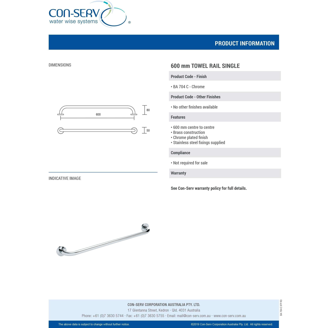 Con-Serv 700 Series 600mm Single Towel Rail Chrome Ba704C