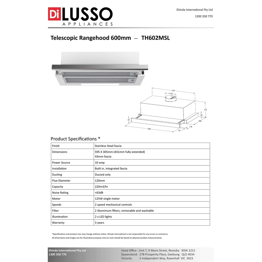 Di Lusso 60Cm Th602Msl Telescopic Led Lights Rangehood Stainless Steel