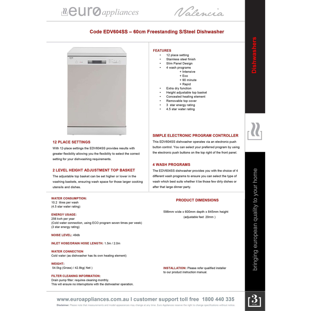 Euro Dishwasher 60Cm Freestanding Edv604Ss